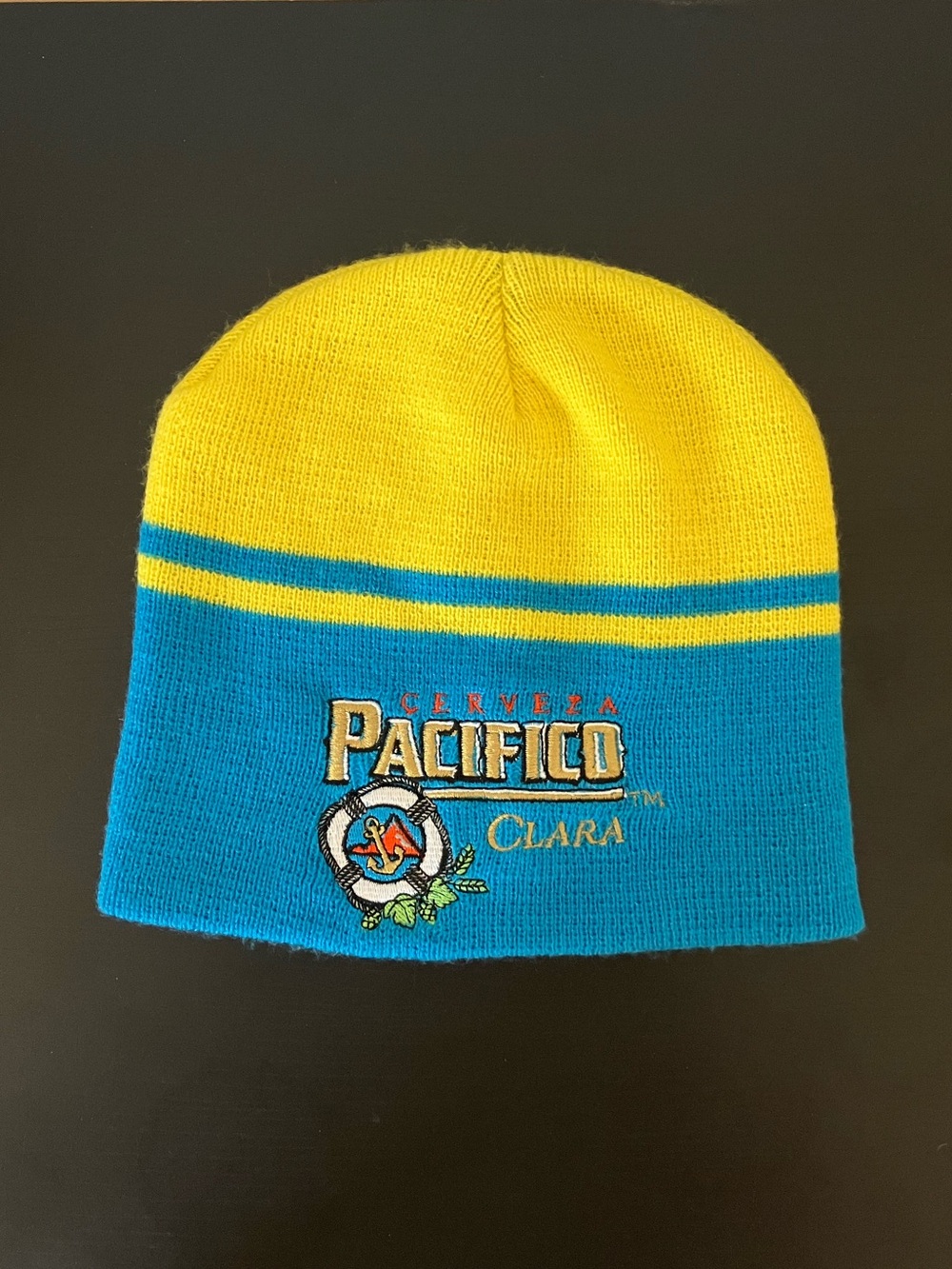 Pacifico Clara Cerveza Beer Knit Beanie Hat Blue Yellow Winter Cap